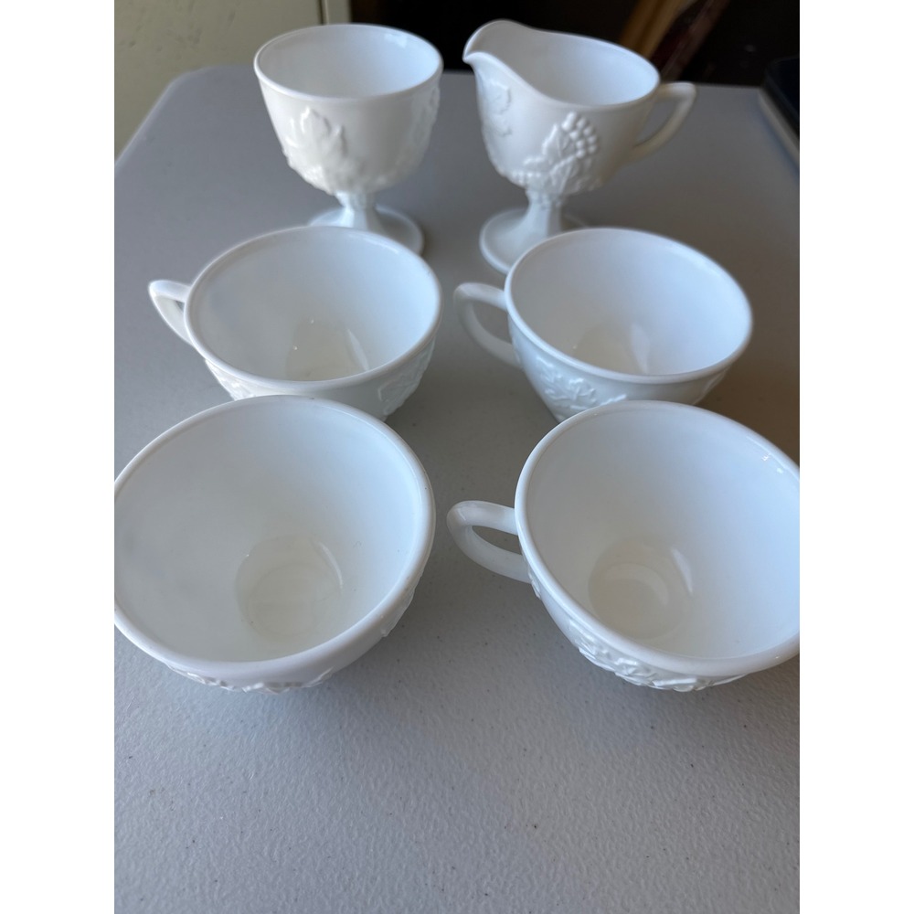 Vintage Milk Glass Grape Leaf Tea Set 4 Cups Creamer Sugar Bowl White Embossed